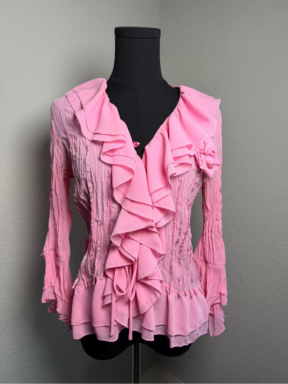 Feminine Pink Ruffle V-Neck Blouse